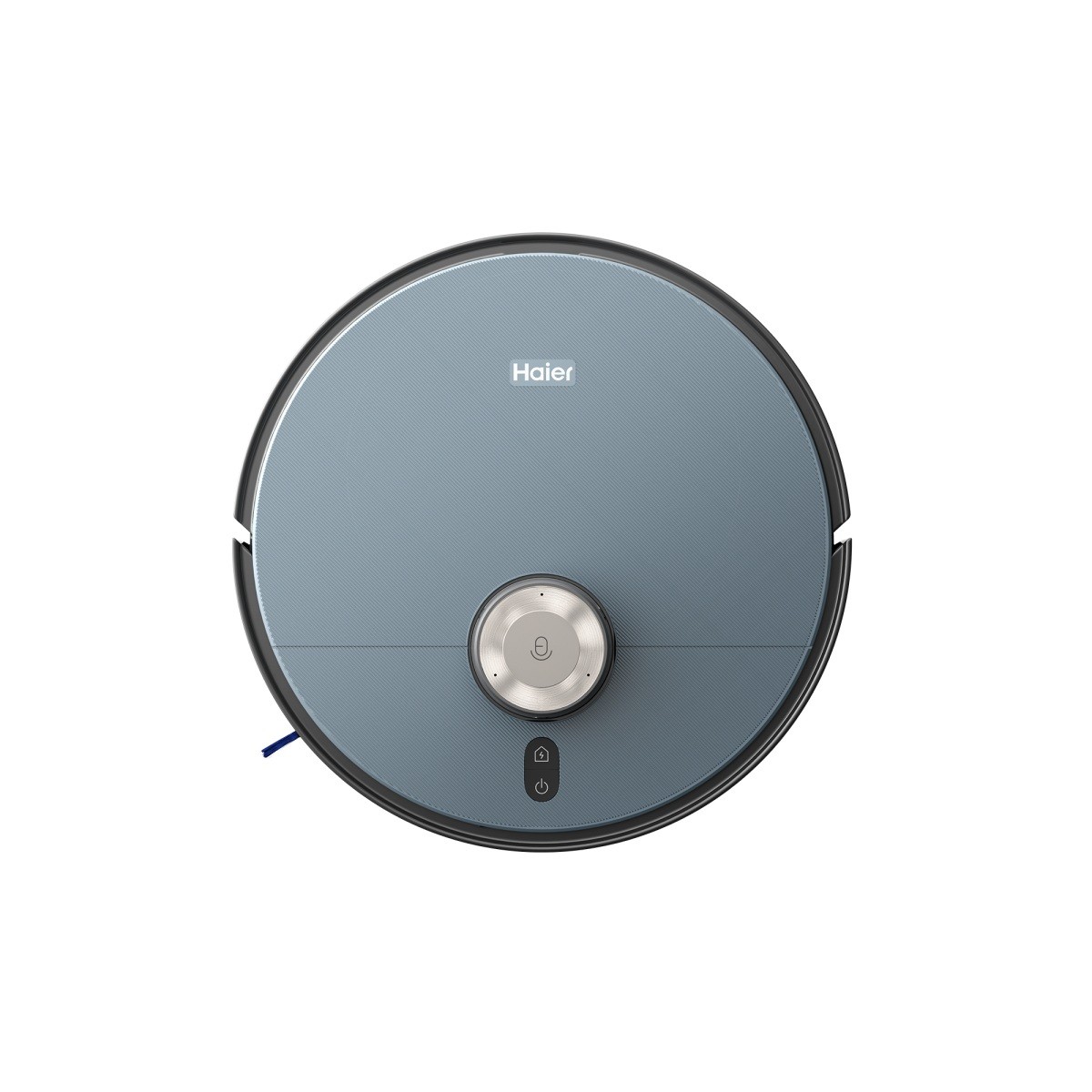 Render promocional oficial de Haier R10 Max completo visto desde arriba, con cuerpo circular azul oscuro sobre fondo claro.