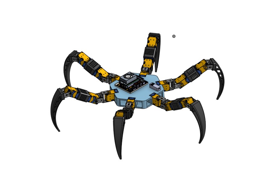 Render CAD publicado por Harrison Bounds de su hexápodo completo, con cuerpo azul y seis patas negras y amarillas.