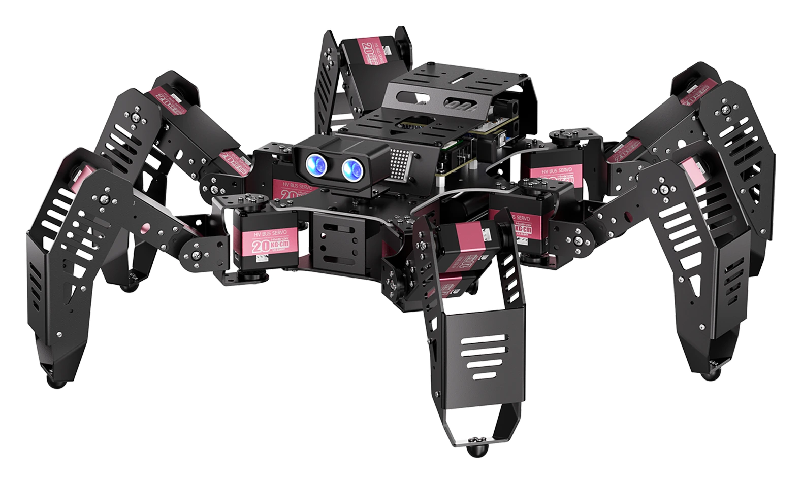 Spiderbot de Hiwonder con seis patas negras y estructura metálica.