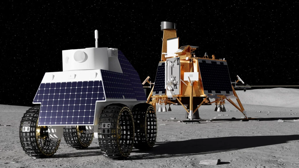 Render del rover de Honeybee Robotics para Lunar-VISE, con panel solar y ruedas sobre la superficie lunar, junto al módulo Blue Ghost.