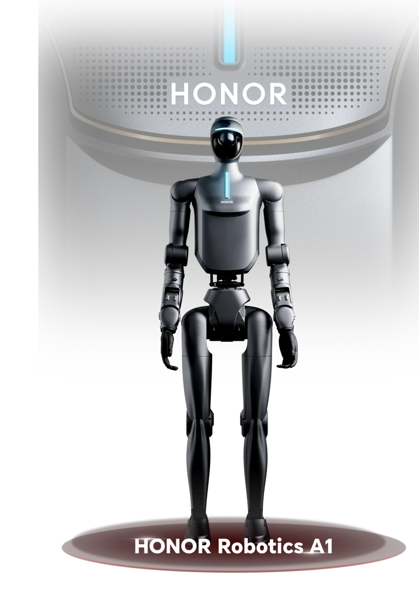 Render oficial de HONOR Robotics A1, con cuerpo plateado, rostro negro y una luz azul en el pecho, identificado con el nombre del modelo.