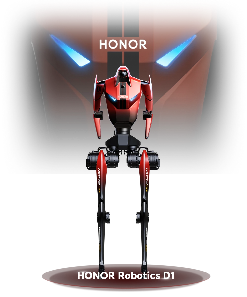 Render oficial de HONOR Robotics D1, con torso rojo, luces azules y piernas negras, identificado con el nombre del modelo.