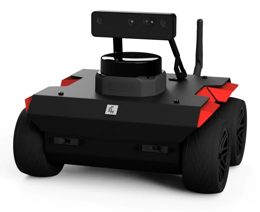 Imagen oficial de un ROSbot 3 de Husarion con cámara frontal, sensor LiDAR en la parte superior y cuatro ruedas.