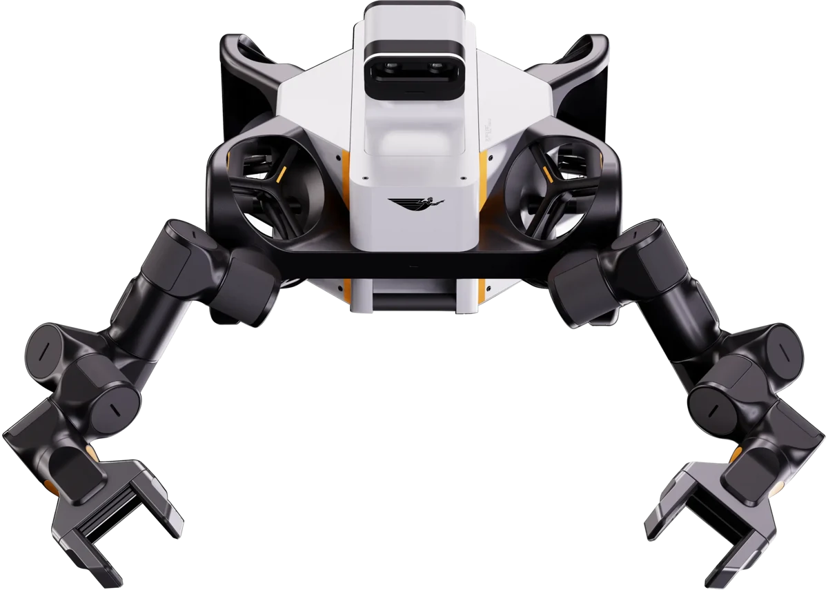 Render oficial de JOY, el robot de vuelo libre de Icarus para la misión Joyride, con dos brazos articulados y propulsores laterales.