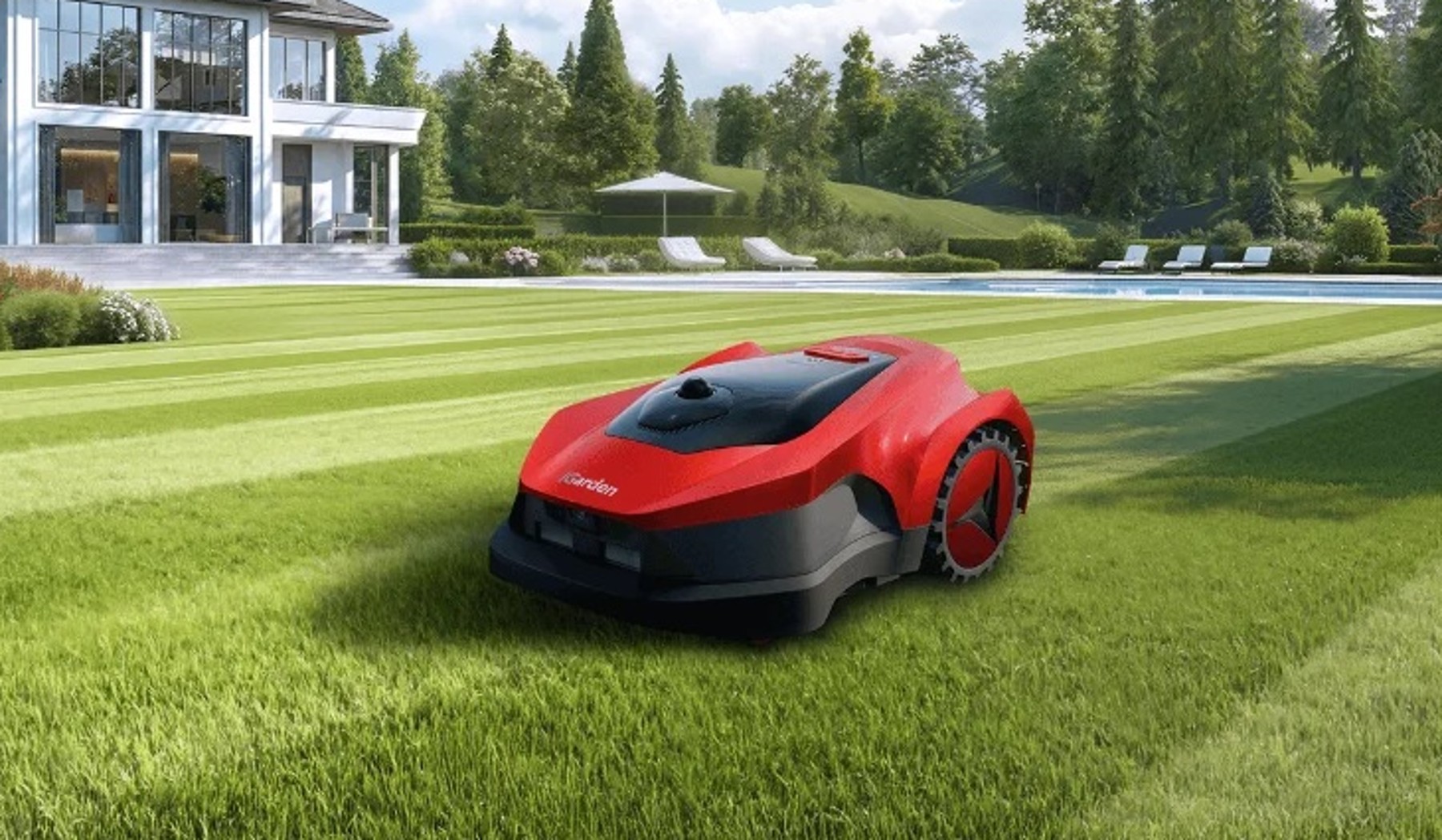 Render oficial provisional de un cortacésped iGarden L AWD en un jardín.