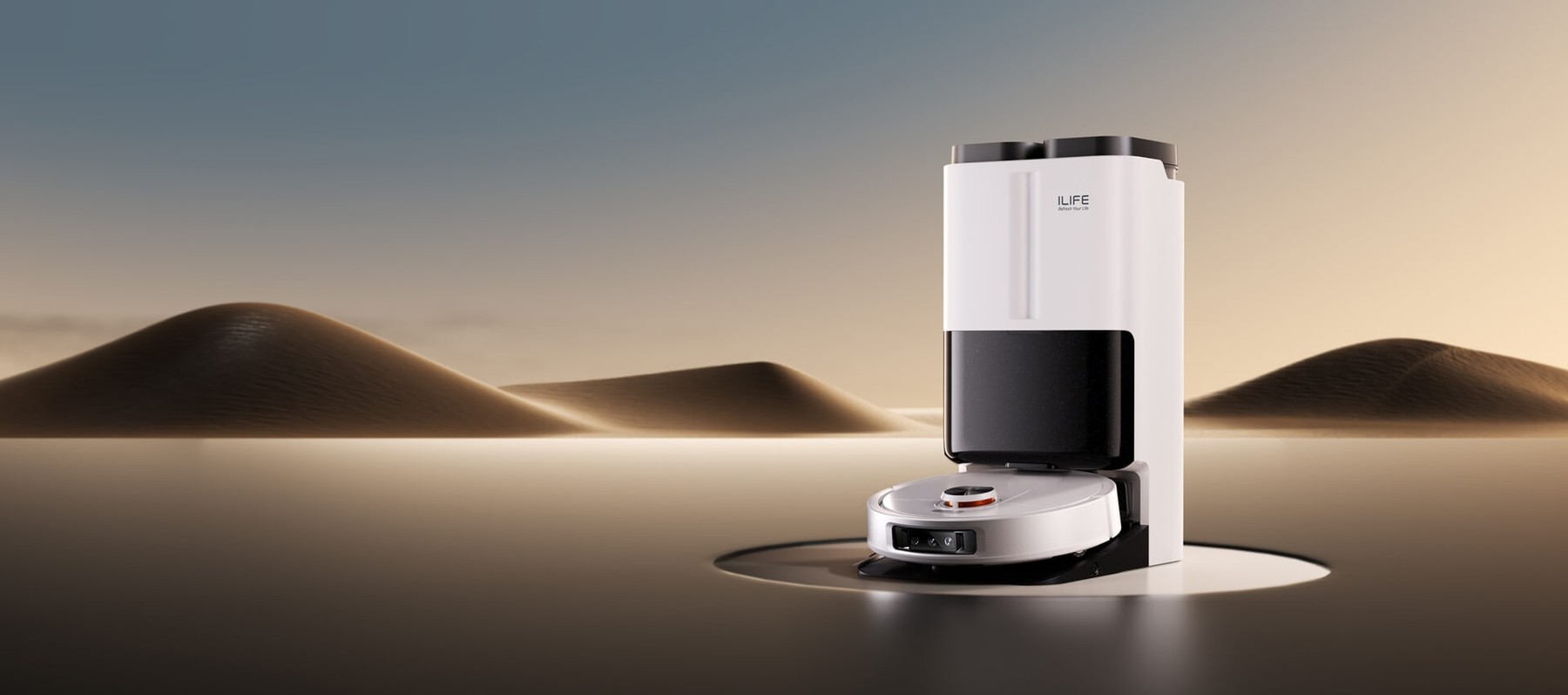 Render promocional oficial de ILIFE T60s completo junto a su estación, sobre una plataforma con fondo desértico.