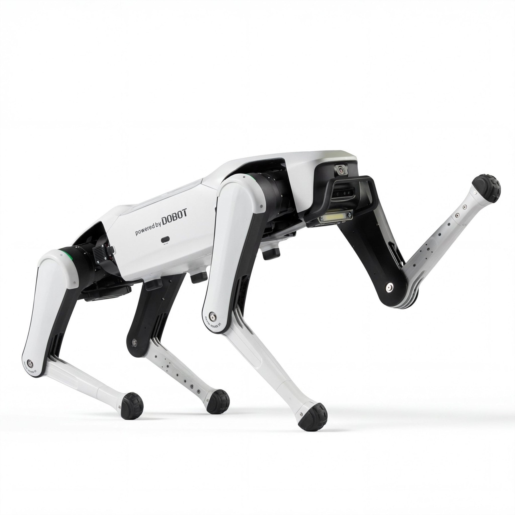 Render oficial de INFFNI Rover X1 completo con patas de apoyo, en una pose de interacción sobre fondo blanco.
