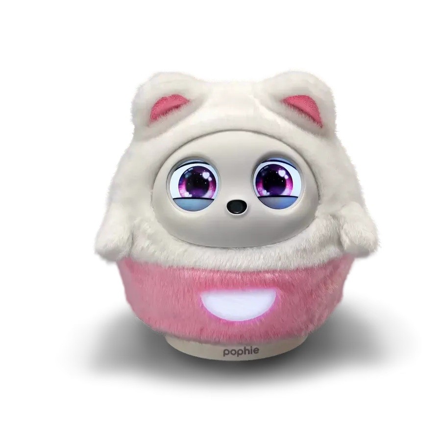 Render promocional oficial de Pophie completo, con funda de gato de peluche, ojos en pantalla y base rosa, sobre fondo blanco.