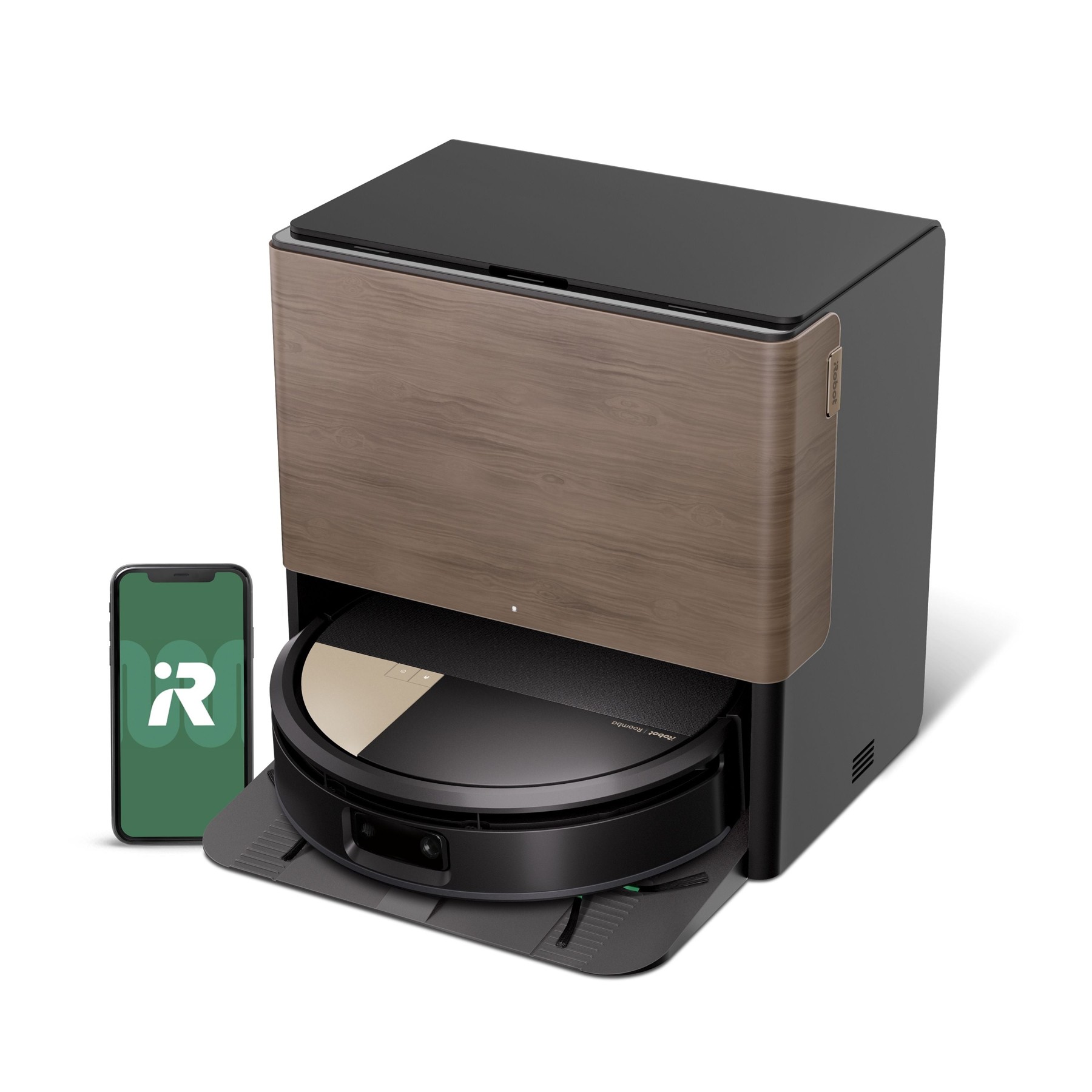 Render oficial del Roomba Max 705 Combo negro junto a su estación y una pantalla de la aplicación.