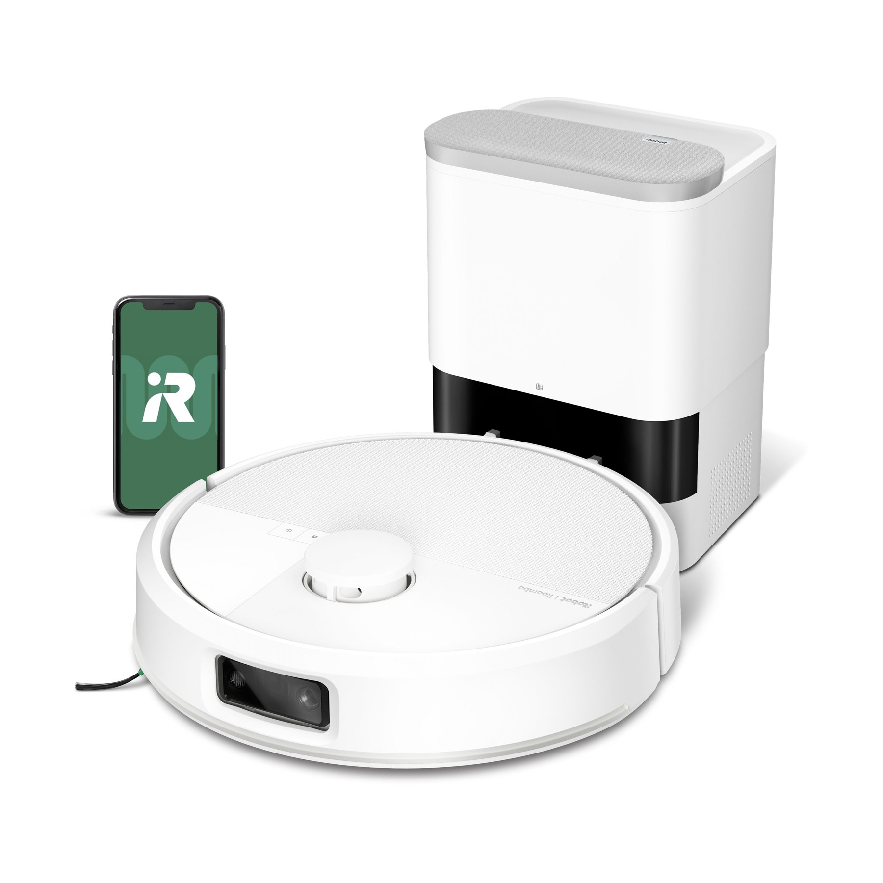 Render oficial del Roomba Max 705 Vac blanco junto a su base y una pantalla de la aplicación.