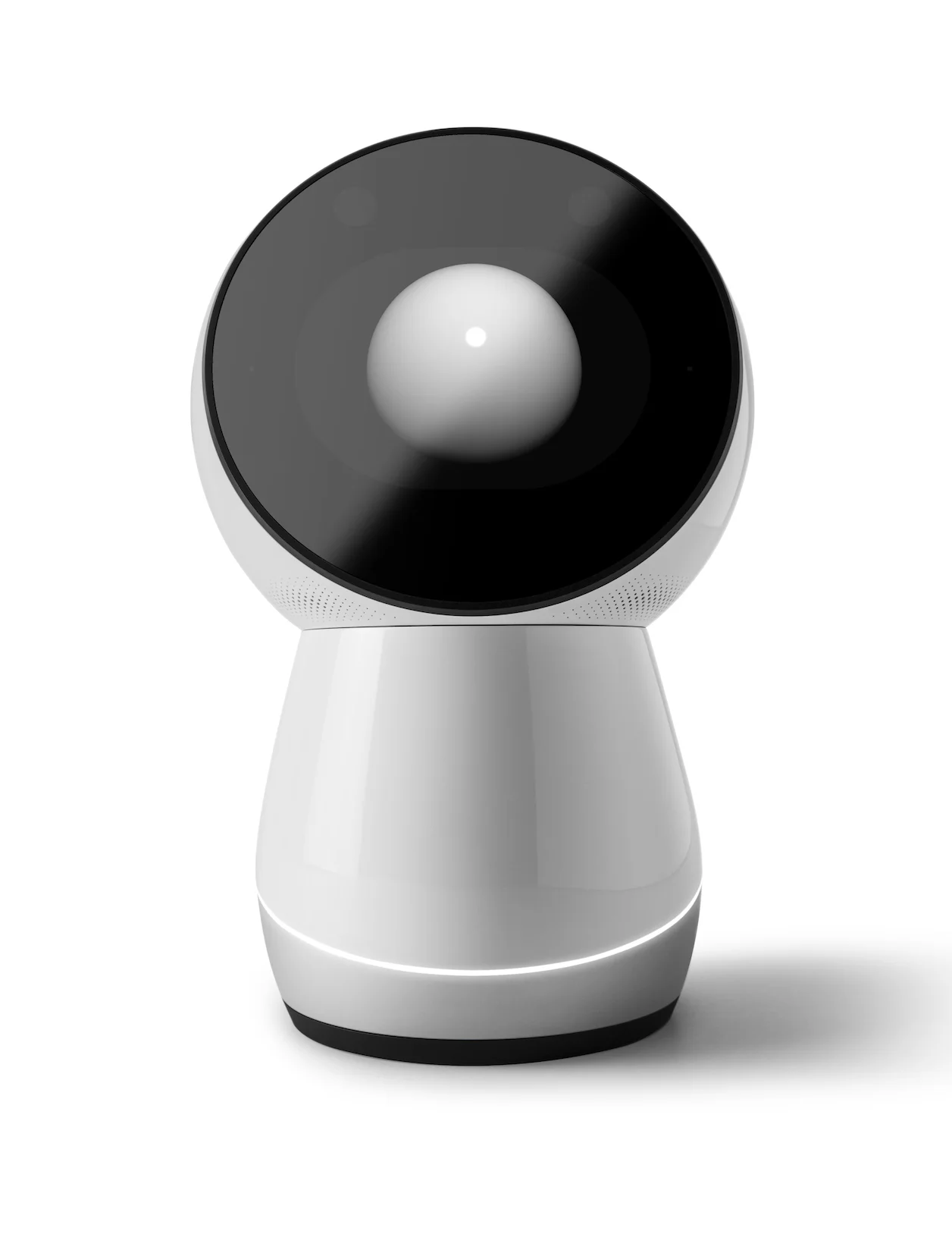 Render de Jibo solo sobre fondo blanco, visto de frente, con cuerpo blanco y pantalla circular negra.