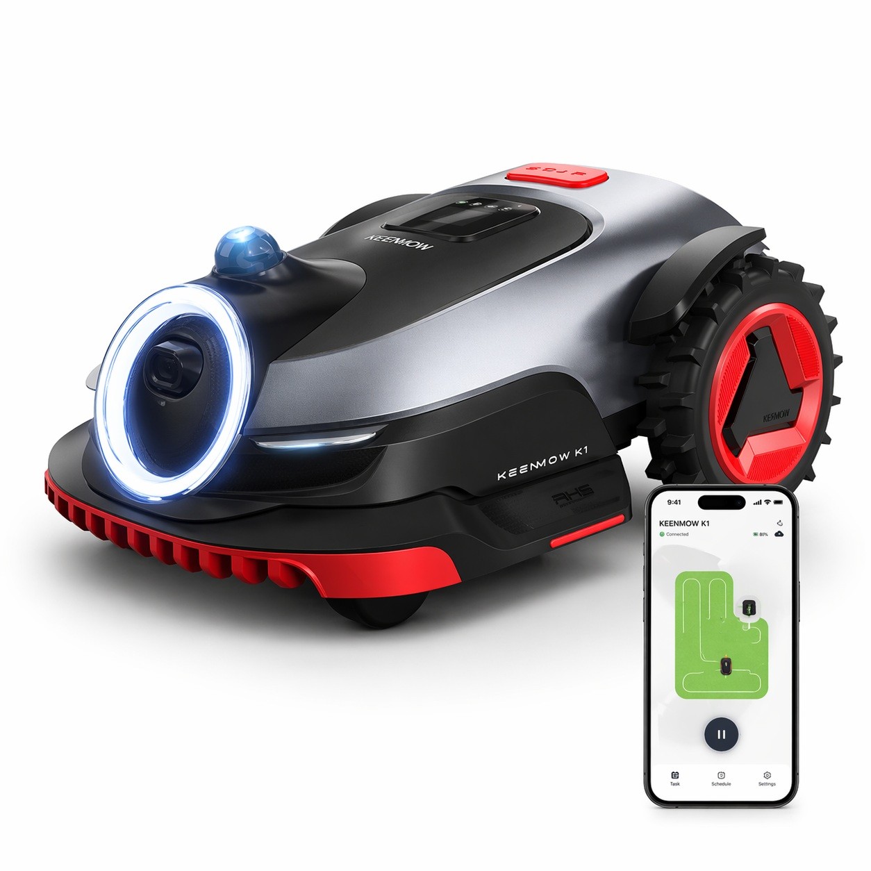 Render oficial del cortacésped KEENMOW K1 completo junto a una pantalla de su aplicación.