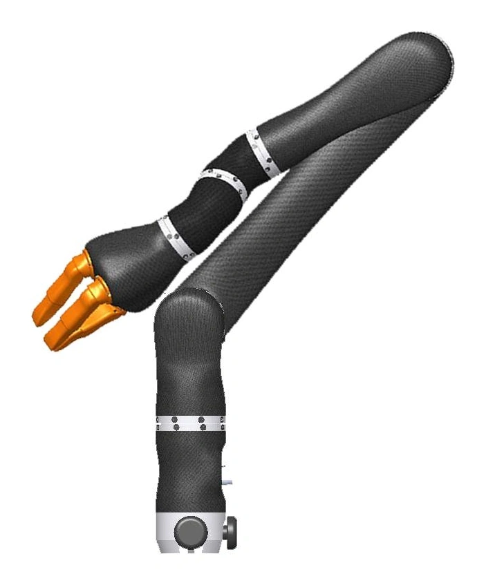 Render técnico completo del Kinova JACO Research Edition de seis ejes, con mano de tres dedos y base fija sobre fondo blanco.