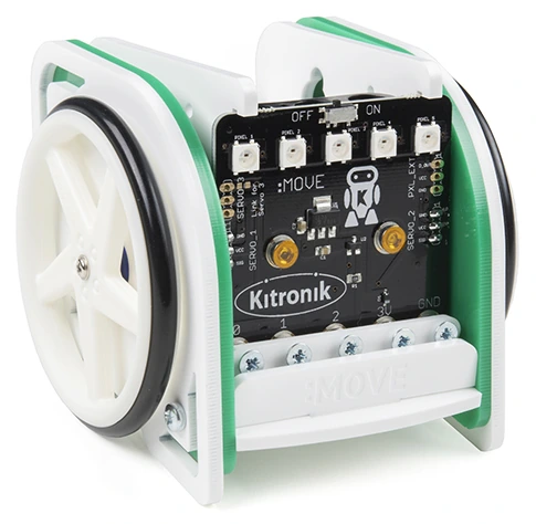 Kitronik MOVE mini MK2 con dos ruedas y placa Servo:Lite, sin micro:bit.
