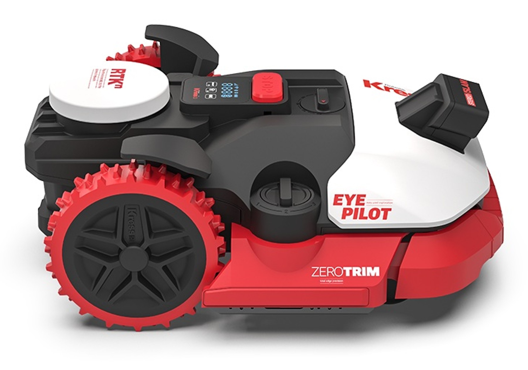 Render oficial de un cortacésped Kress EyePilot completo, con carcasa blanca, negra y roja.