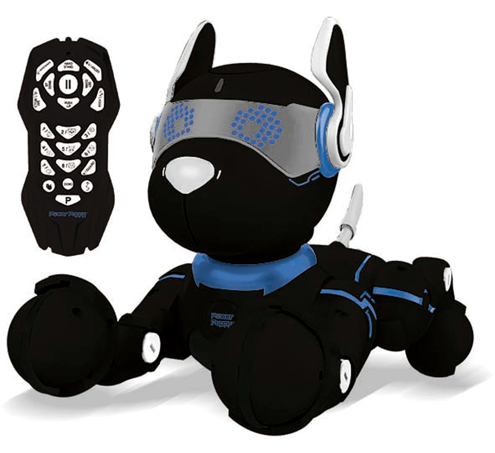 Power Puppy negro y azul con cuatro patas y mando a distancia.