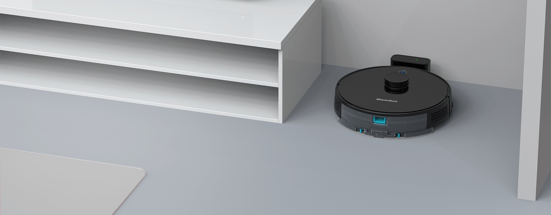 Render promocional oficial de Mamibot EXVAC850 completo junto a su base de carga, sobre suelo doméstico.