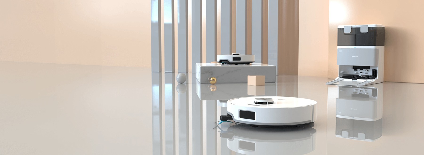 Render promocional oficial de Mamibot Ultra T20 OmniBase completo, con el robot blanco delante de su estación.