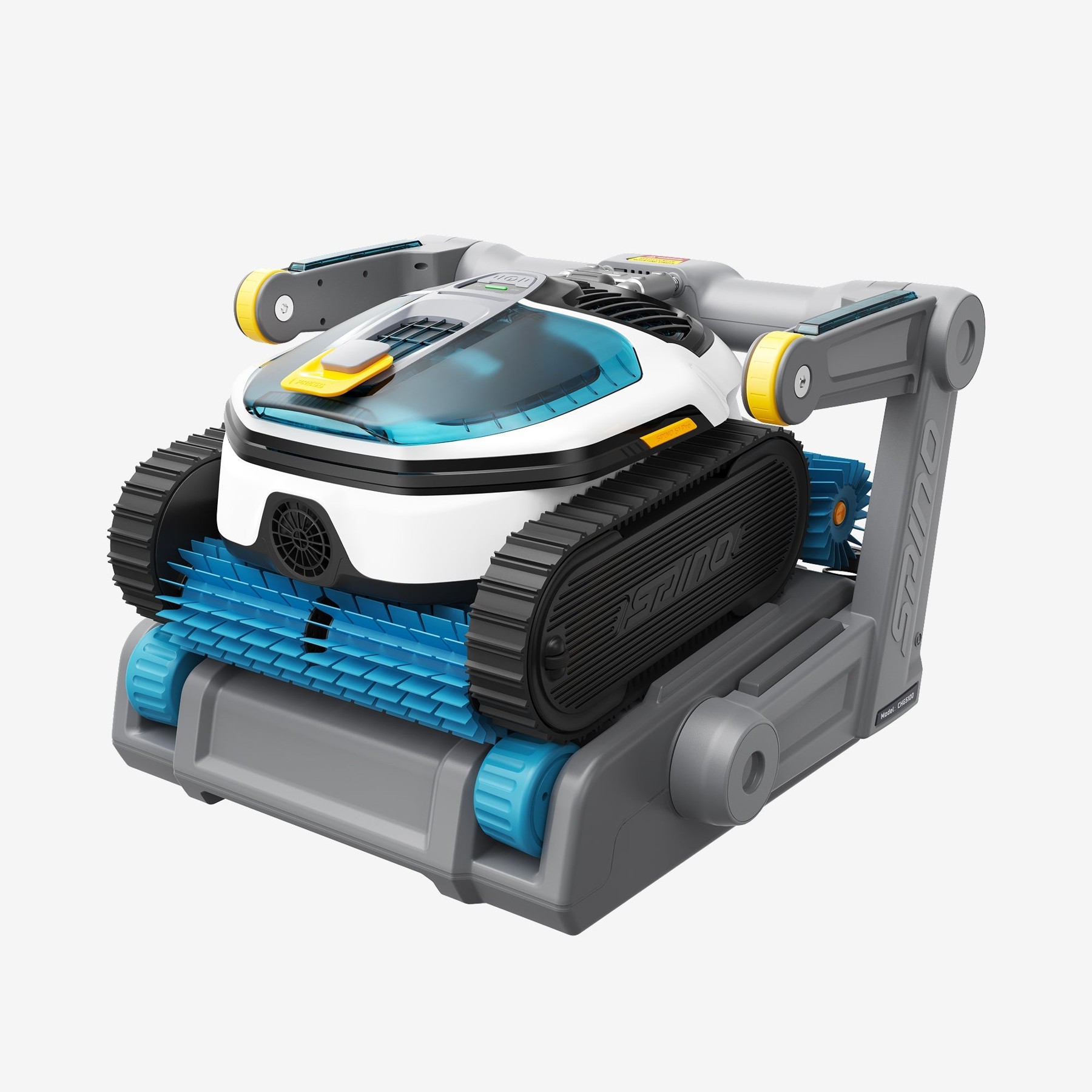 Render oficial de MAMMOTION SPINO S1 Pro con su estación para salir de la piscina y cargarse.