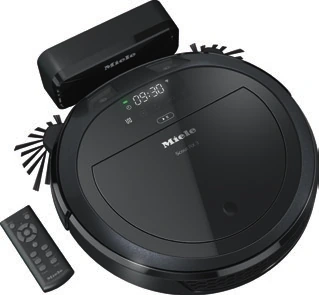Miele Scout RX3 negro con base de carga y mando, según su ficha técnica.