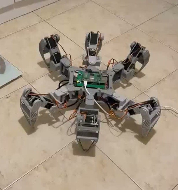 Fotograma recortado del inicio del vídeo de mike-tr, con el hexápodo completo de seis patas grises sobre suelo claro.