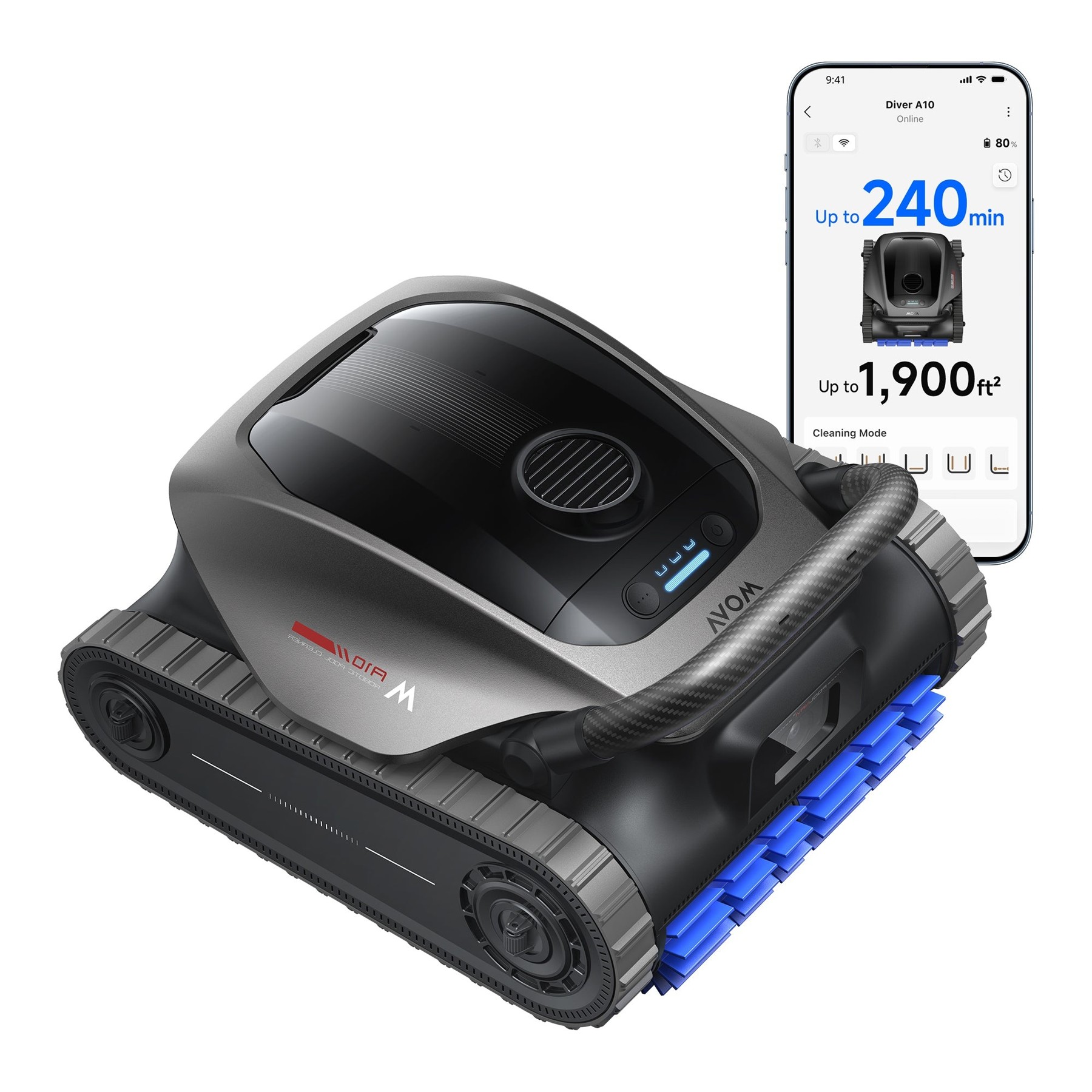 Render oficial del limpiador de piscinas MOVA Diver A10 completo junto a una pantalla de control.