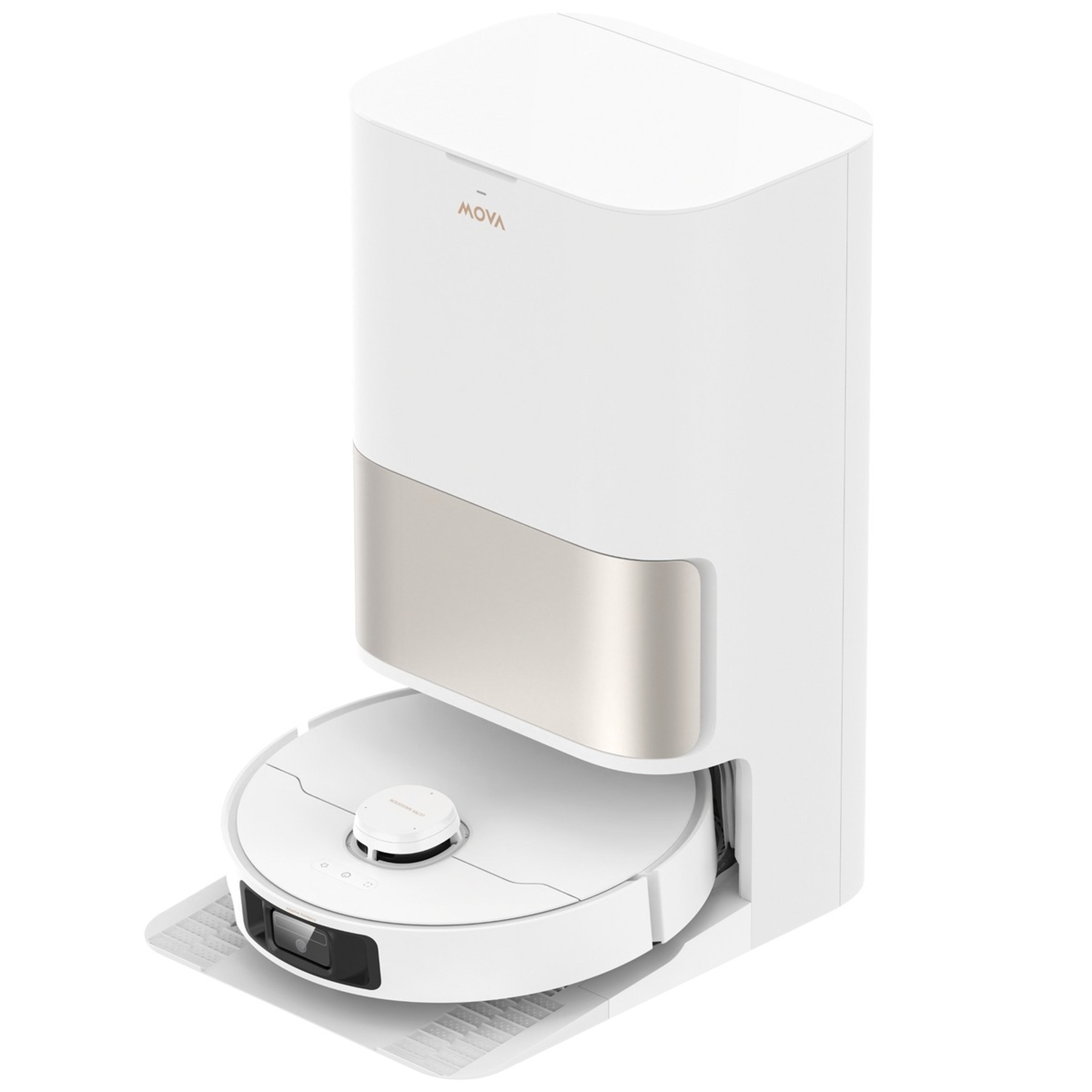 Render oficial del MOVA P10 Pro Ultra Gen2 blanco junto a su estación.