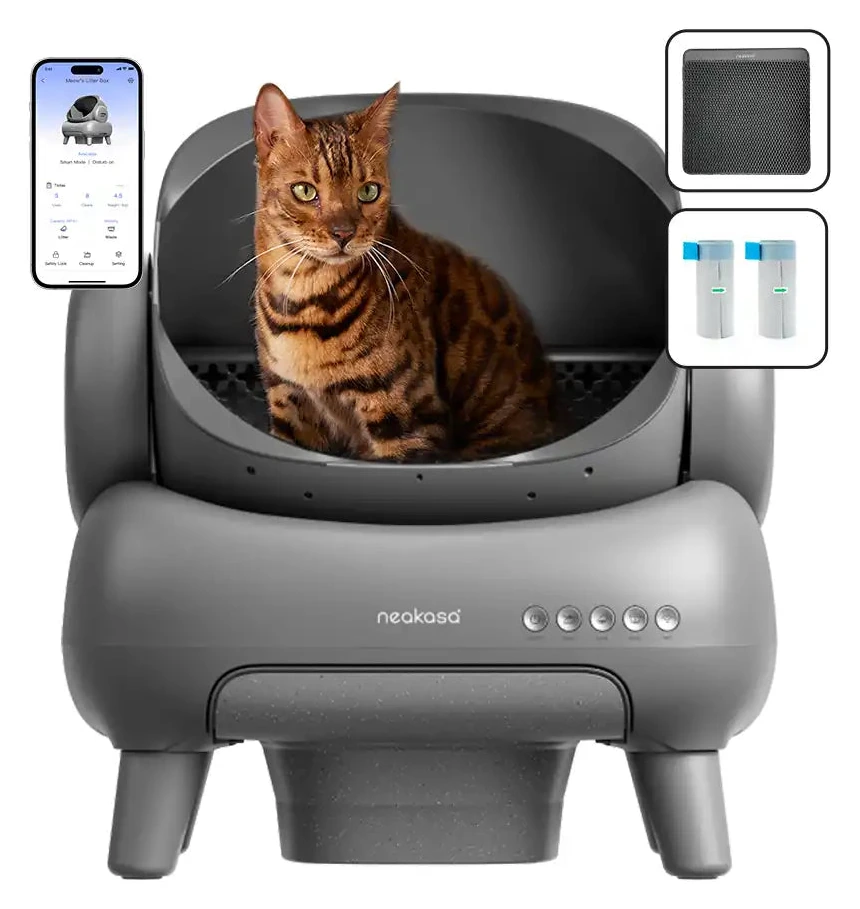 Neakasa M1 Plus abierto con un gato dentro y detalles de la aplicación.