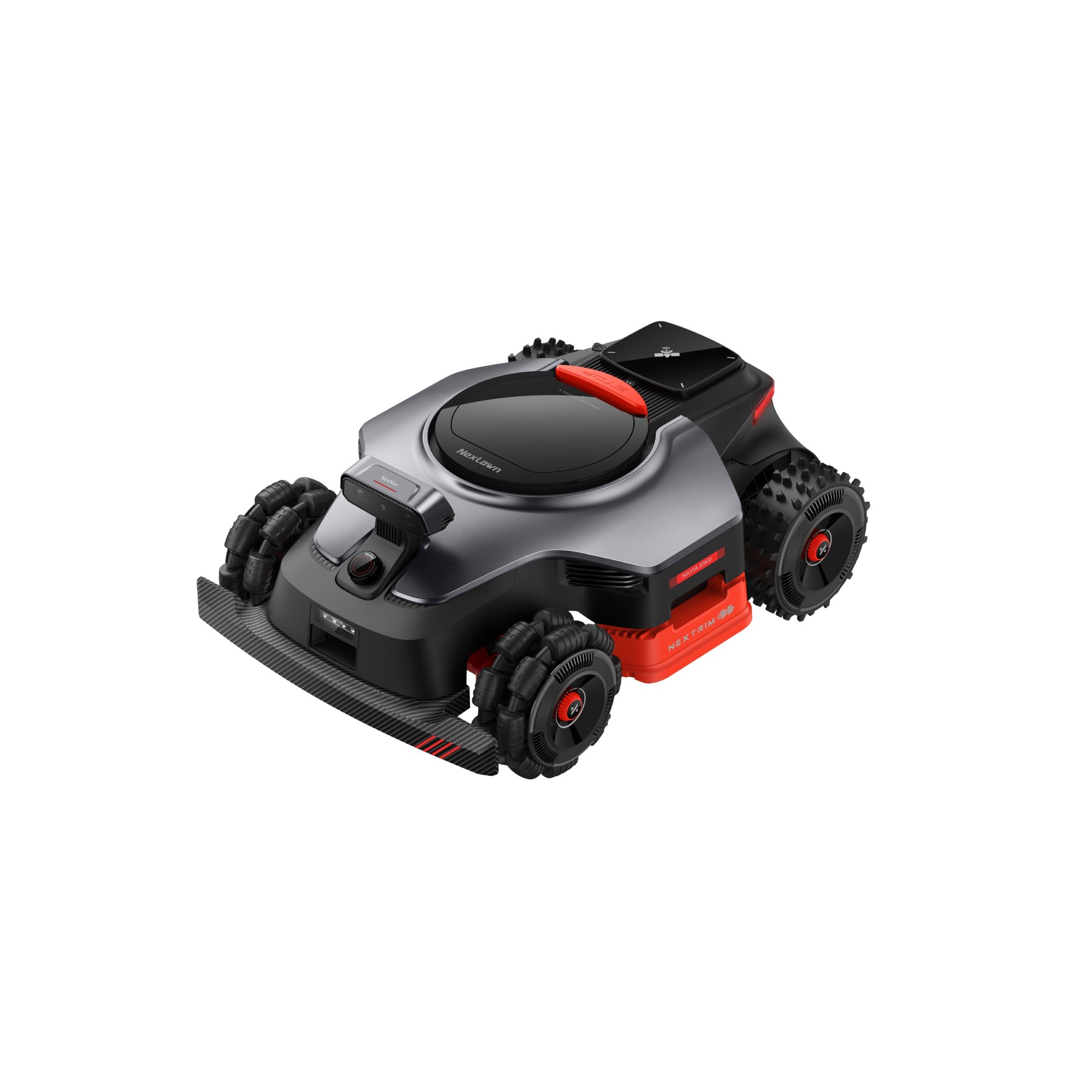 Render oficial de NexLawn NAVIA AWD completo, con cuatro ruedas y carrocería negra y roja.