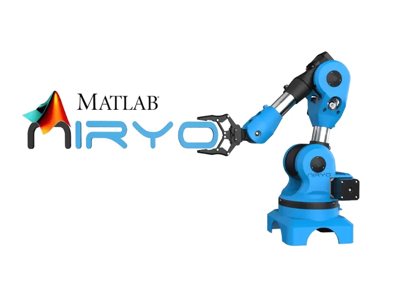Niryo One de cuerpo entero junto a los logotipos de Niryo y MATLAB.