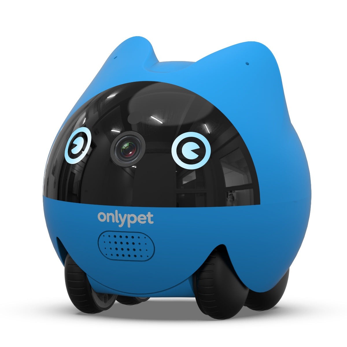 Render oficial de OnlyPet Buddy completo, con carcasa azul, cámara frontal y ruedas, sobre fondo blanco.