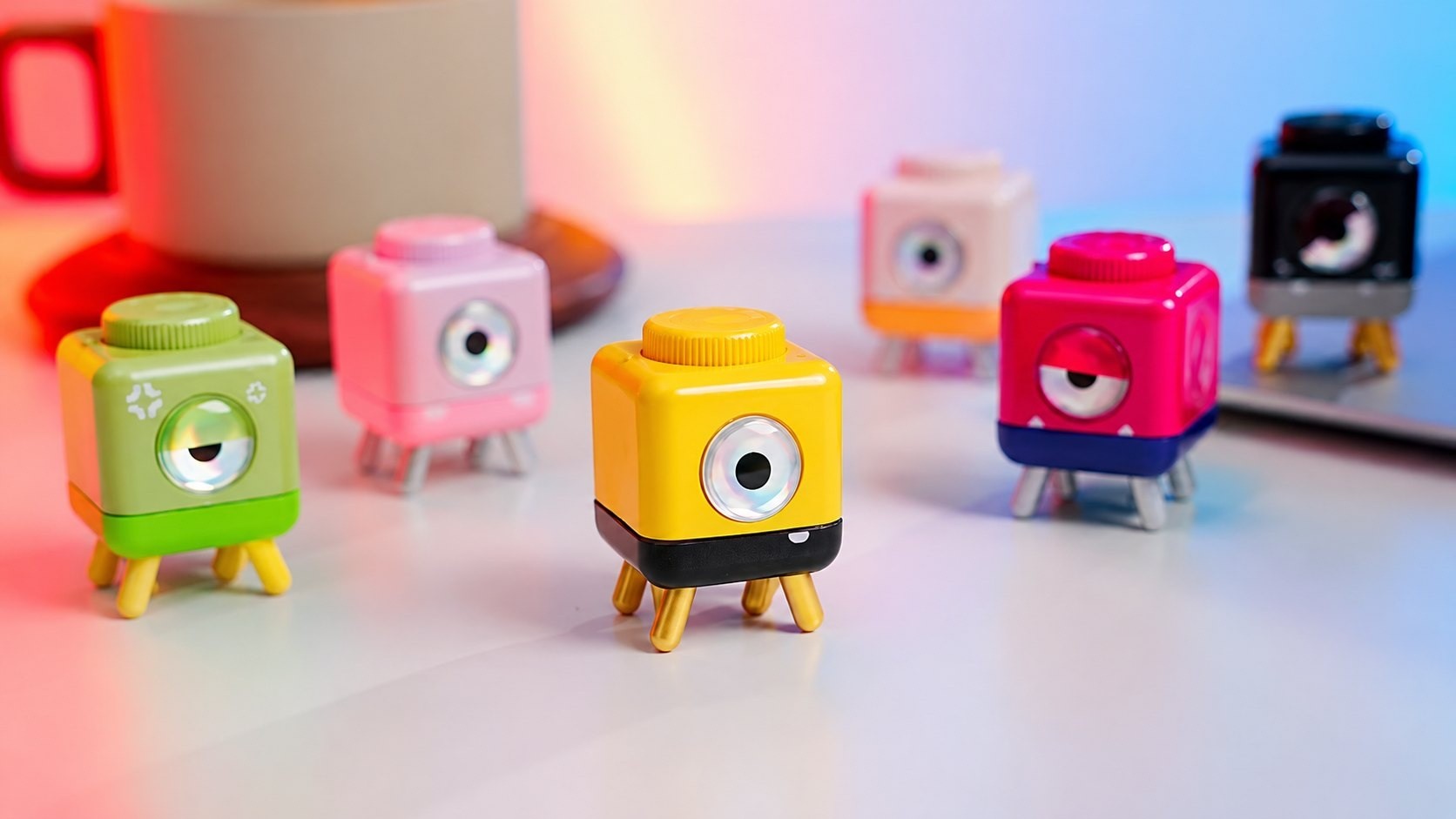 Imagen oficial de seis StepTimer completos en distintos colores sobre una mesa; todos pertenecen al mismo modelo de PalmBlock.