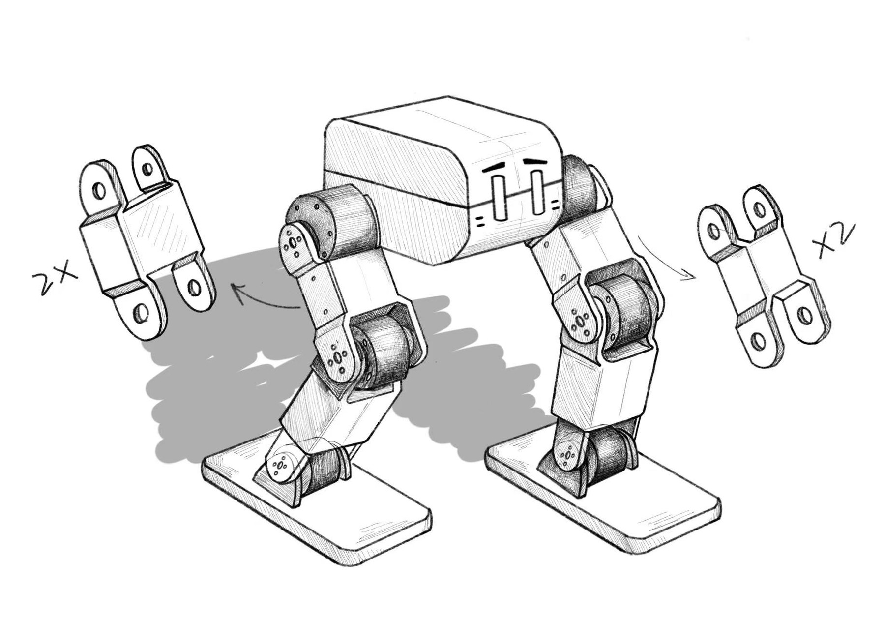 Boceto publicado por el proyecto KuroKun que muestra el diseño completo del bípedo, con dos piernas articuladas y pies planos.