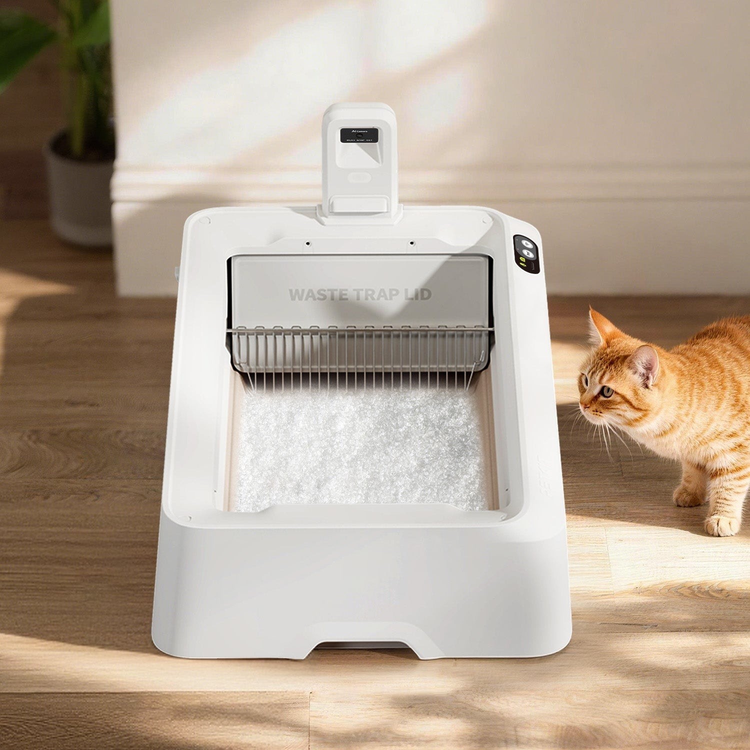 Imagen oficial de PETKIT Purobot Crystal Duo completo con su rastrillo y cámara, junto a un gato.