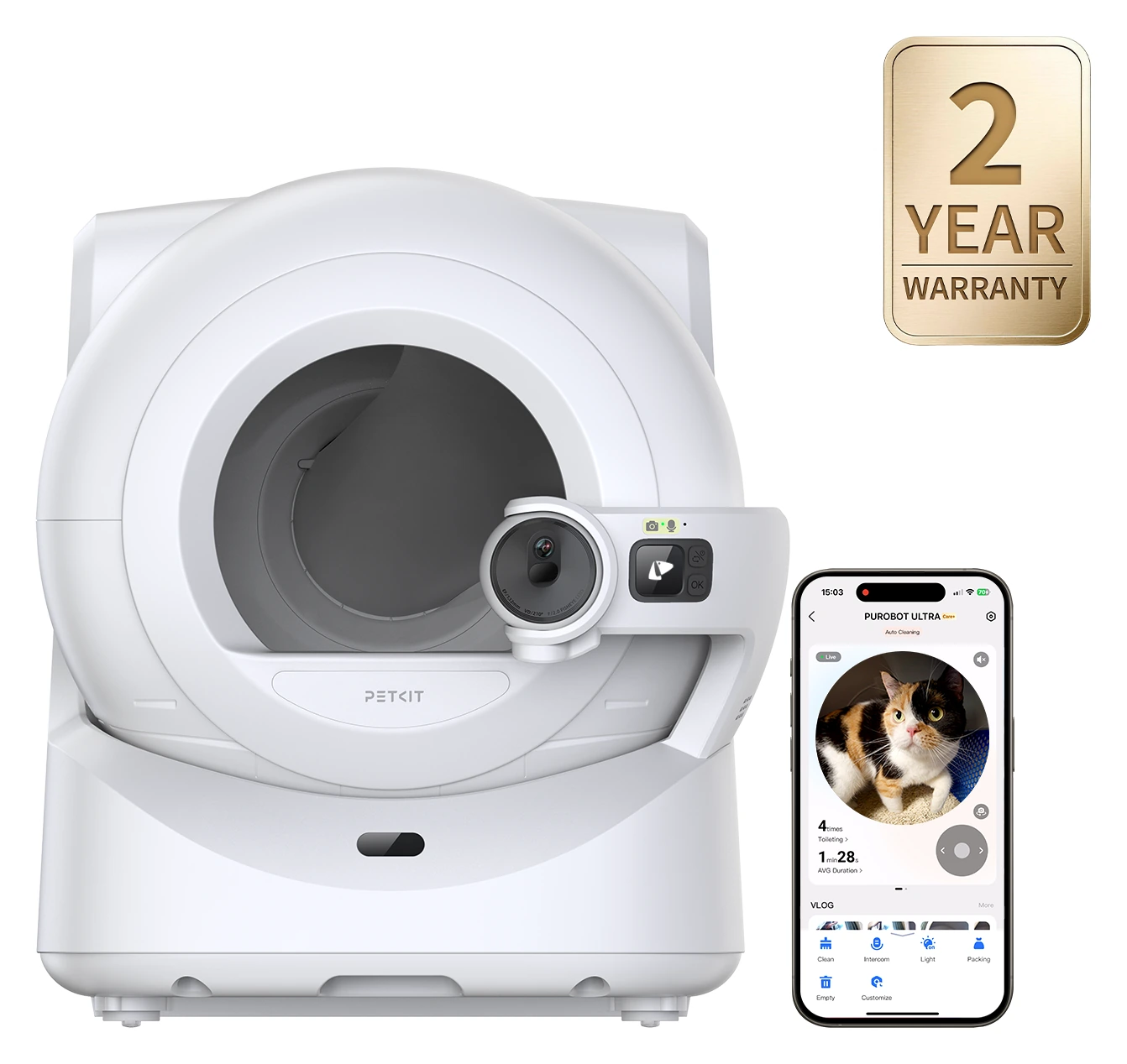 PETKIT Purobot Ultra blanco con cámara frontal y pantalla de la aplicación.