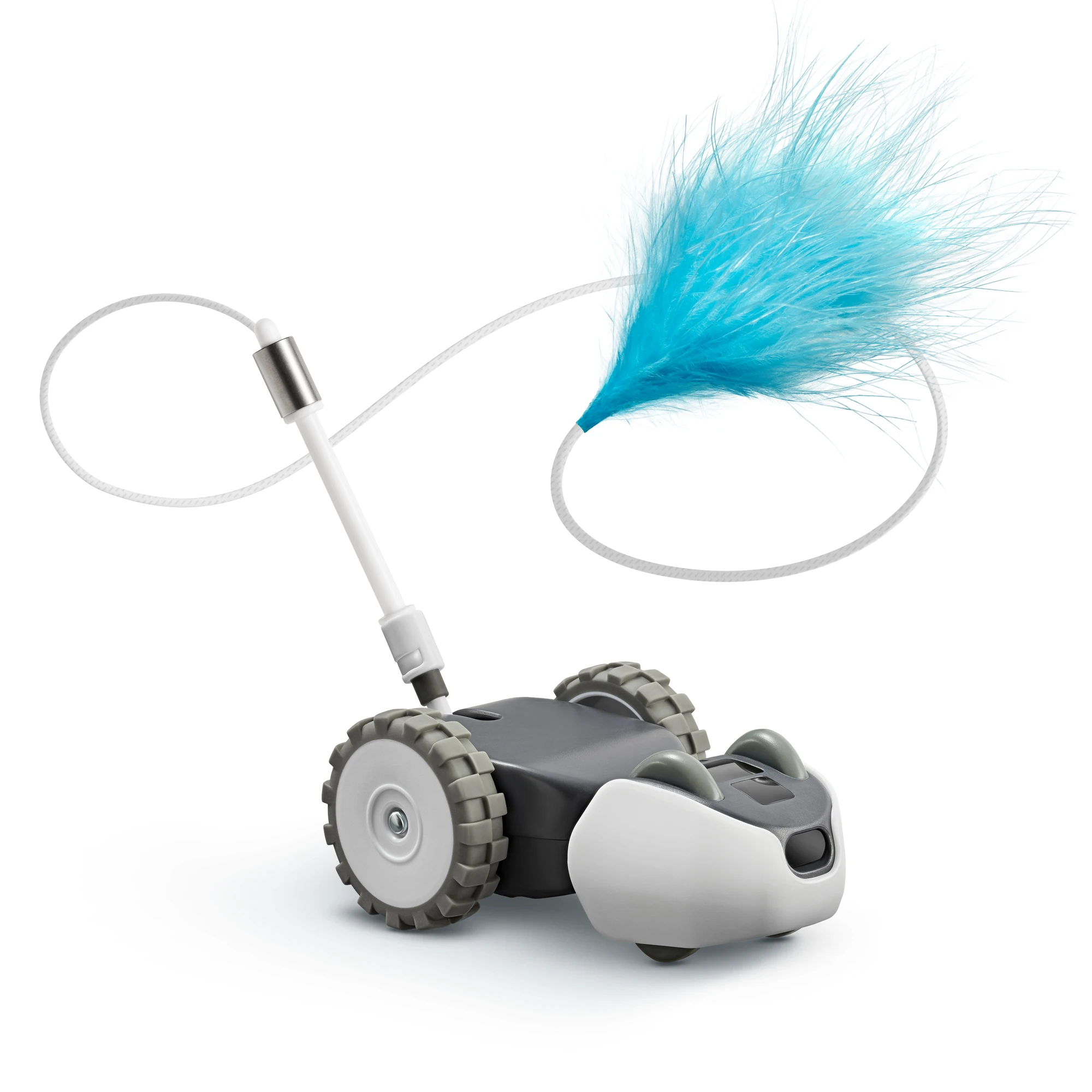 Mousr de Petronics con ruedas y un accesorio de plumas azul.