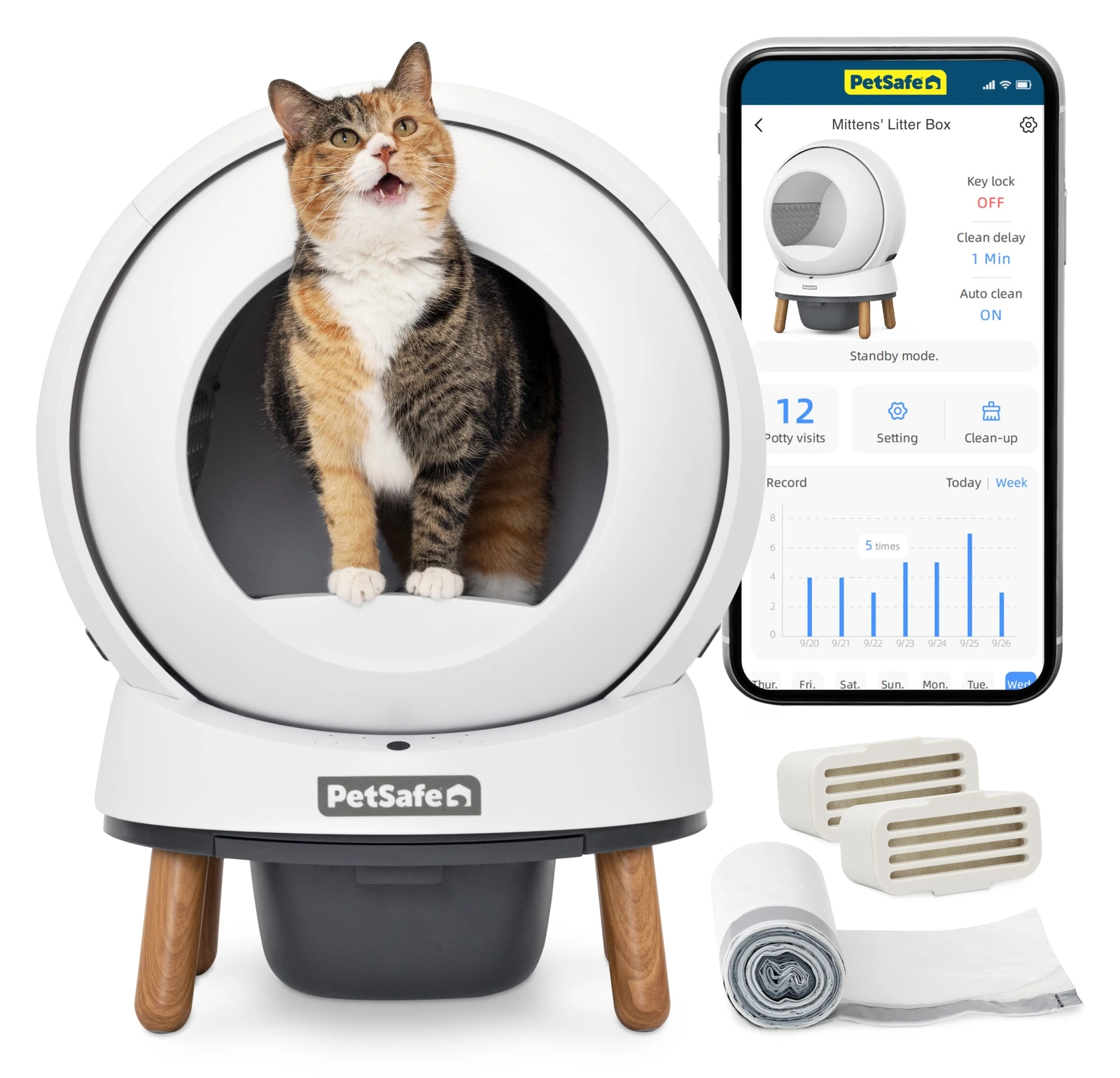 ScoopFree SmartSpin de PetSafe con un gato, aplicación y consumibles.