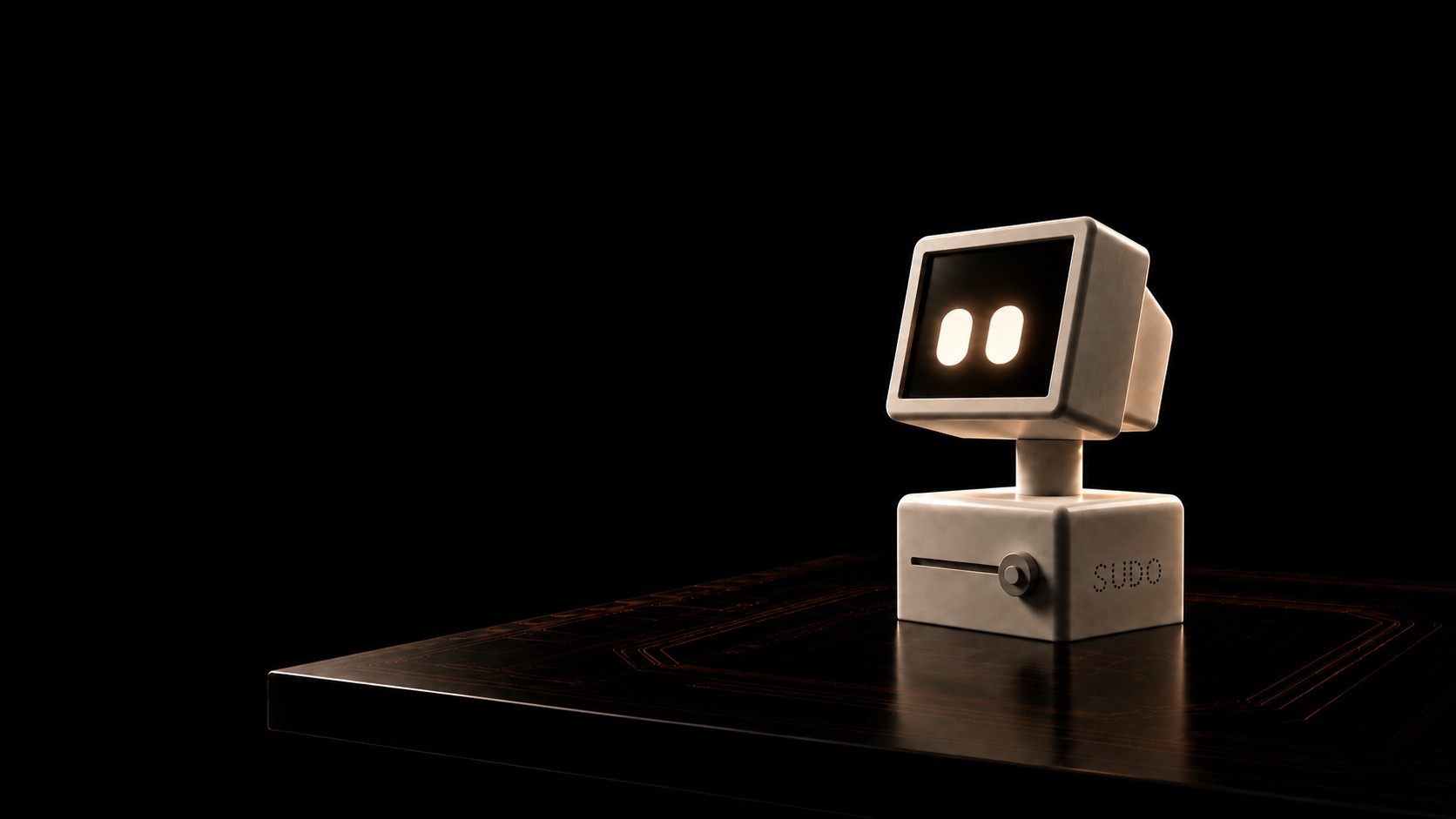 Render oficial de Presence Labs de Sudo completo, con cabeza cúbica, cara luminosa y base cuadrada sobre una mesa.