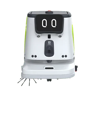 Imagen frontal del robot de limpieza PUDU CC1 Pro blanco, con pantalla negra, detalles verdes y cepillos inferiores.