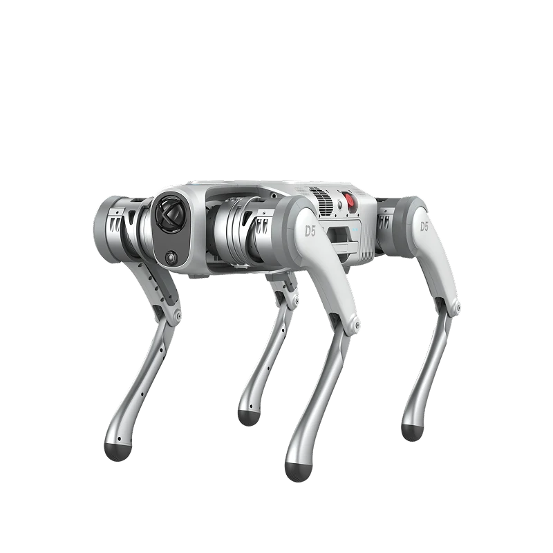 Imagen de producto del cuadrúpedo PUDU D5 blanco y gris, en la versión de cuatro patas sin ruedas.