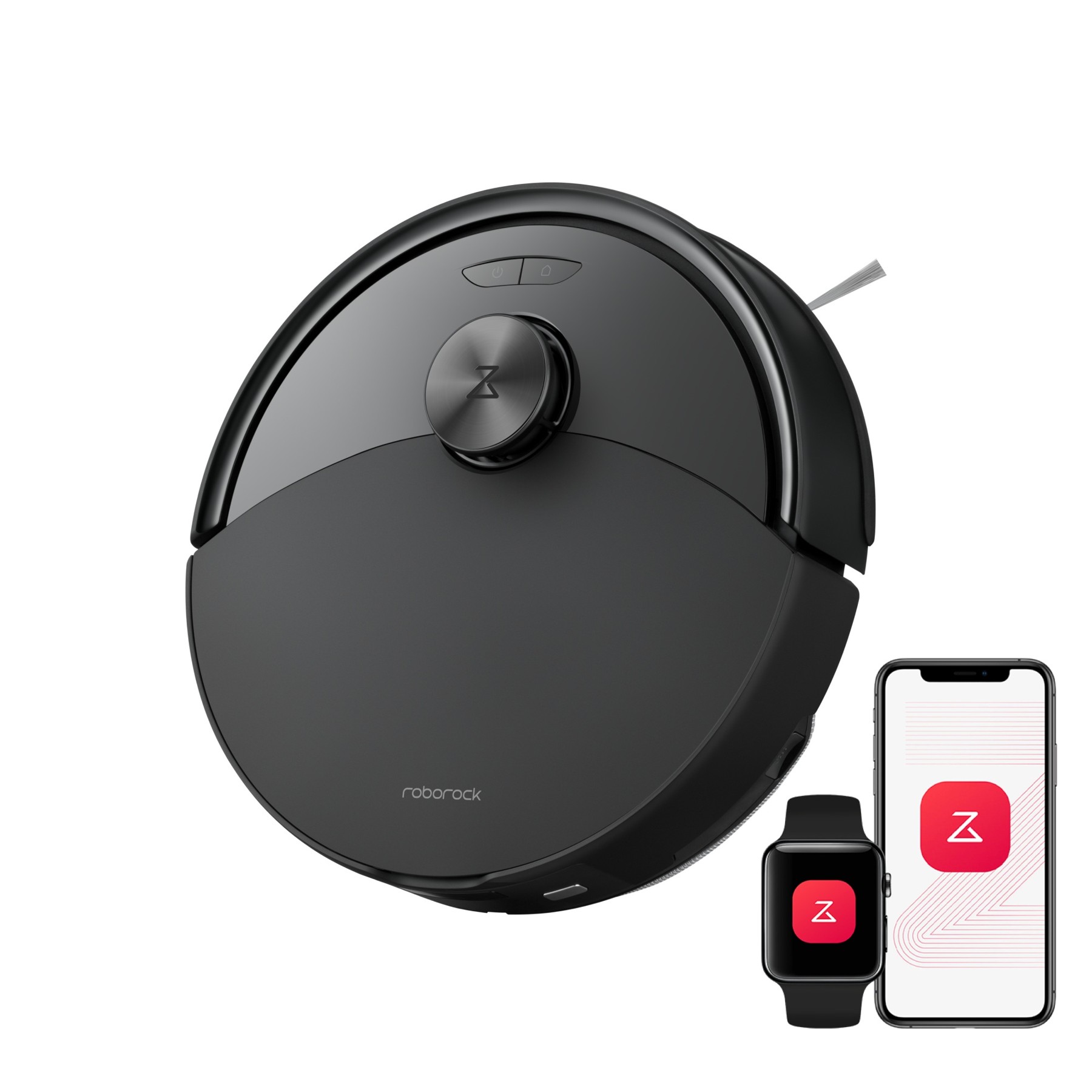 Imagen oficial de un Roborock Q10 de la familia S5 y X5 con accesorios y pantallas de control.