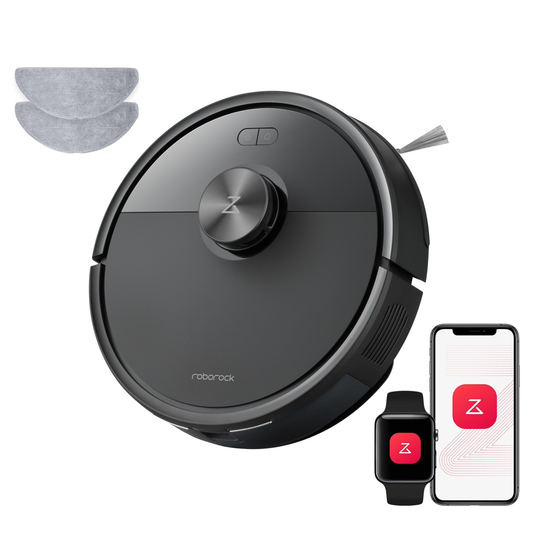 Imagen oficial de un Roborock Q7 de la familia L5 y M5 con accesorios y pantallas de control.