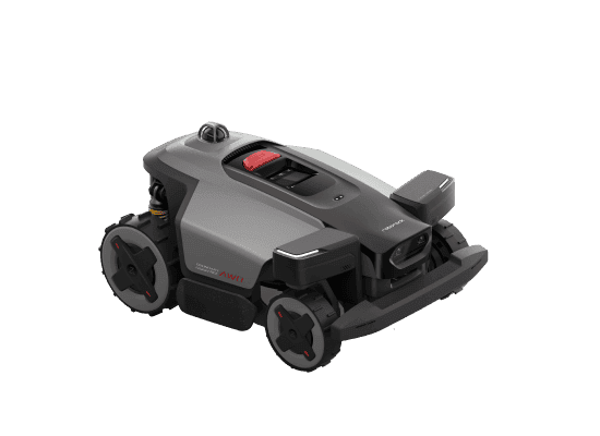 Render oficial de RockMow Z1 LiDAR gris visto en tres cuartos, con sus ruedas y sensores frontales visibles.