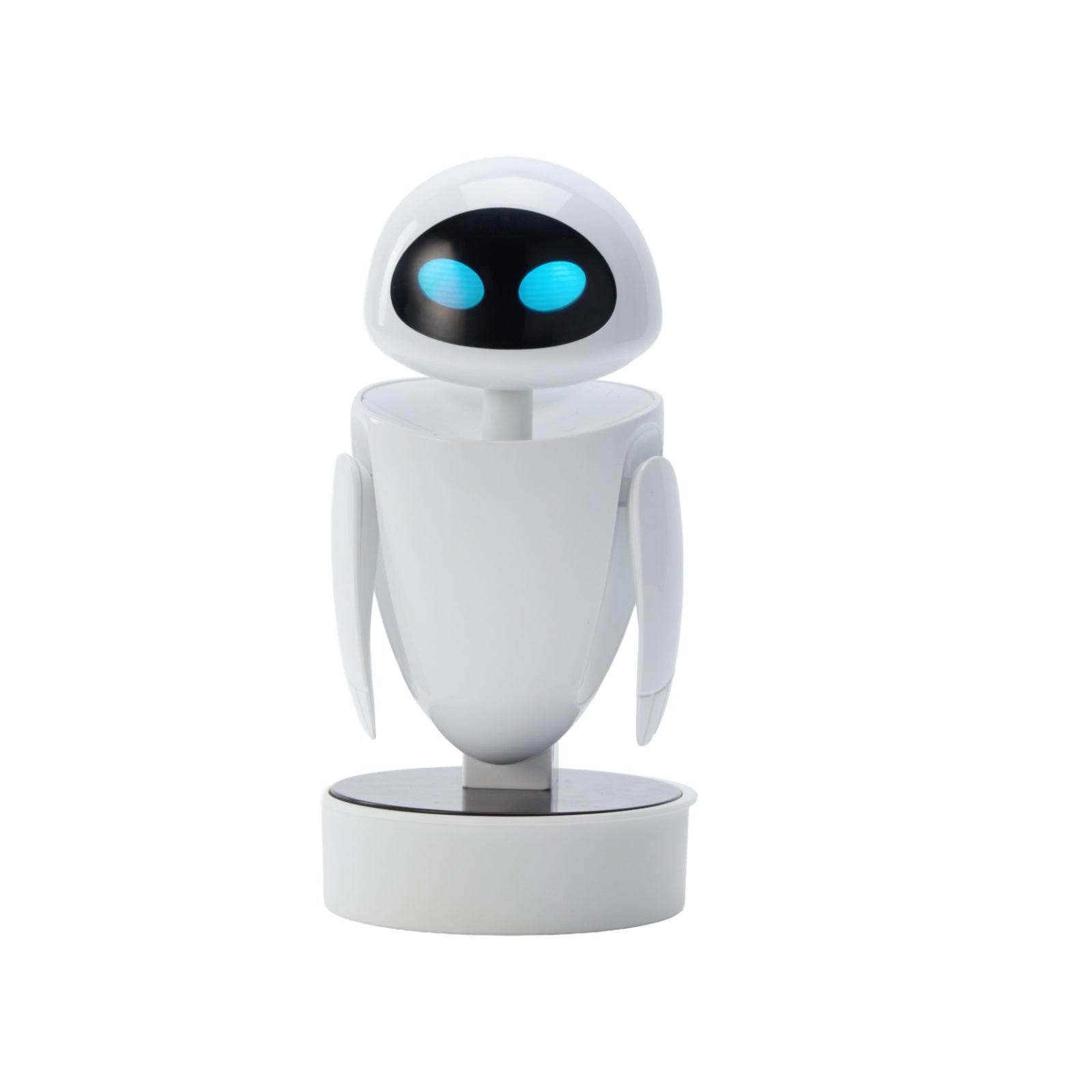 EVE Mini de Robosen, blanca con ojos azules iluminados sobre un soporte circular blanco