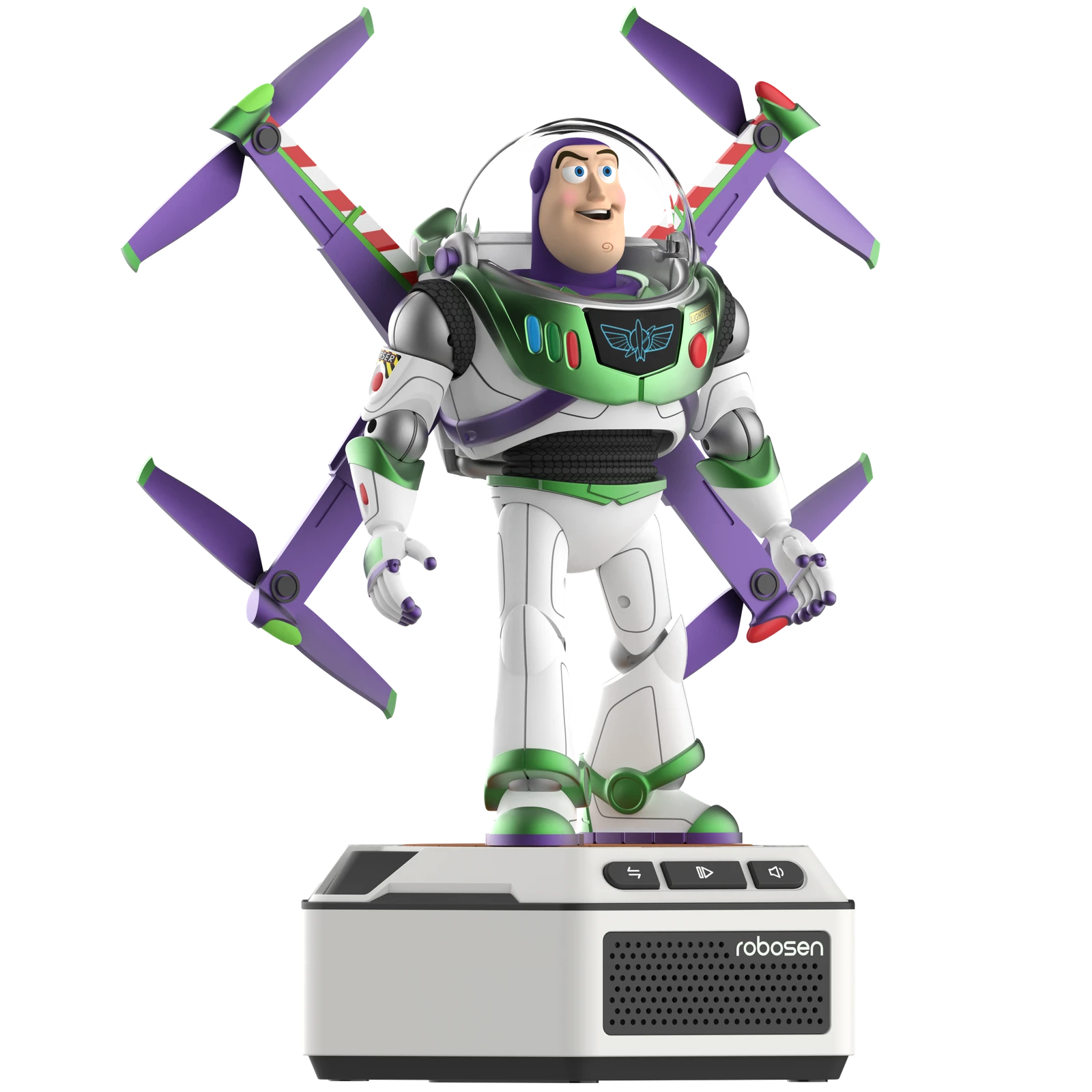 Render oficial de Mini Buzz Lightyear de Toy Story 5, con alas desplegadas y colocado sobre la base de Robosen.