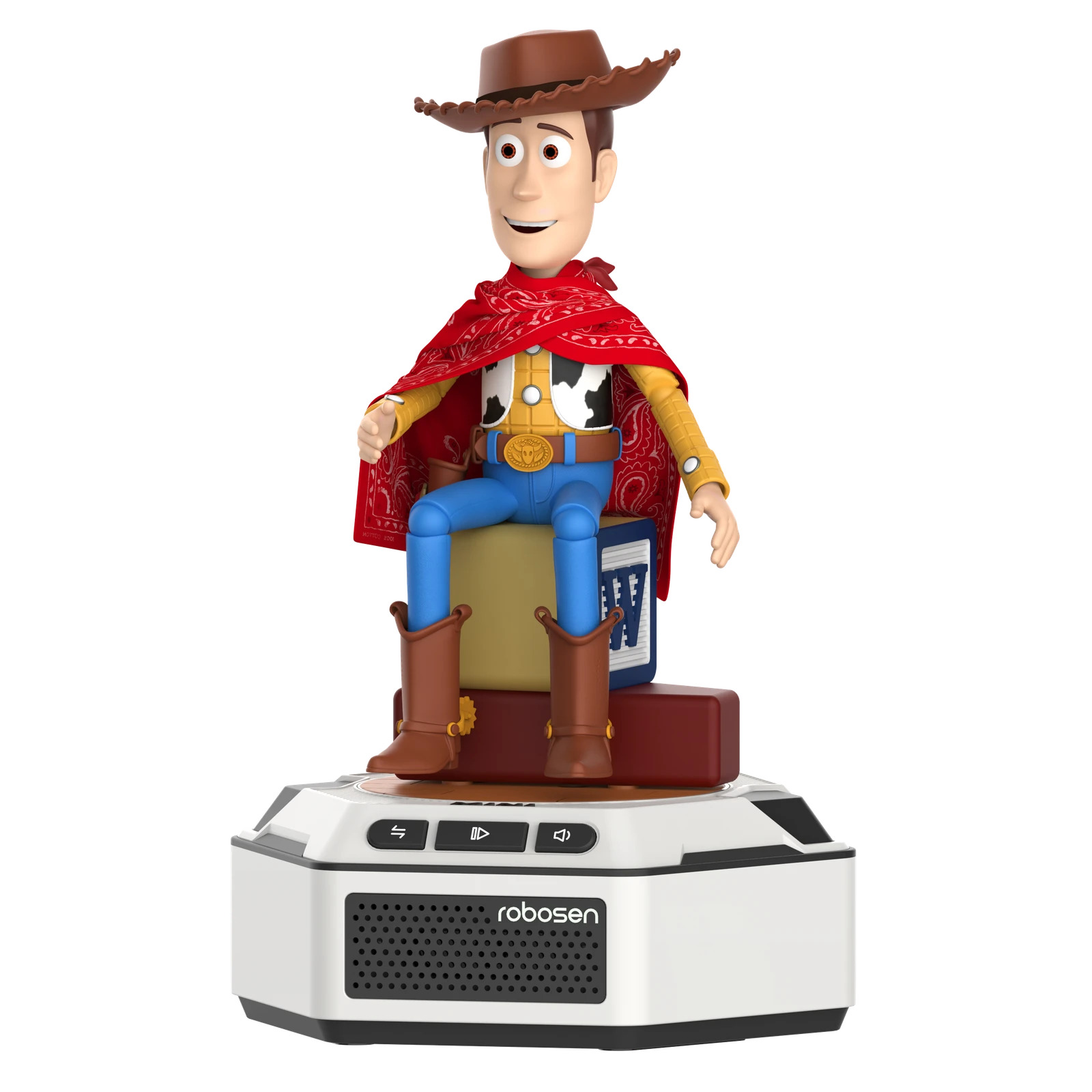 Render oficial de Mini Woody de Toy Story 5 con sombrero y bandana, colocado sobre la base de Robosen.