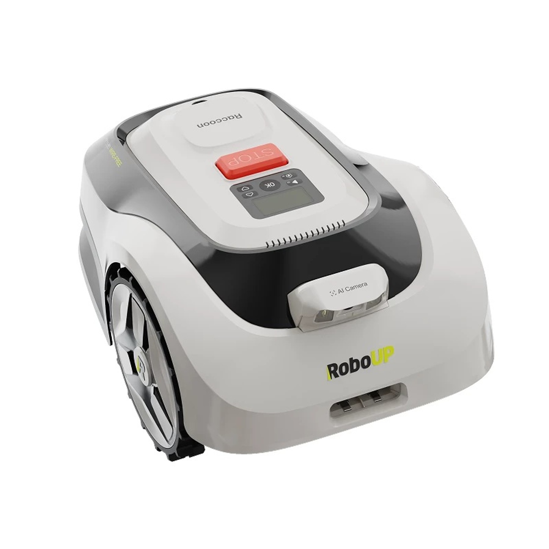 Render oficial del RoboUP Raccoon 2 SE con carcasa gris, ruedas y cámara frontal.