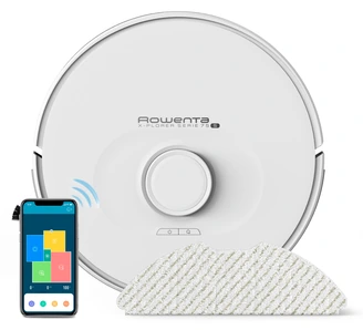 Rowenta X-Plorer Serie 75 S blanco junto a la aplicación y una mopa.