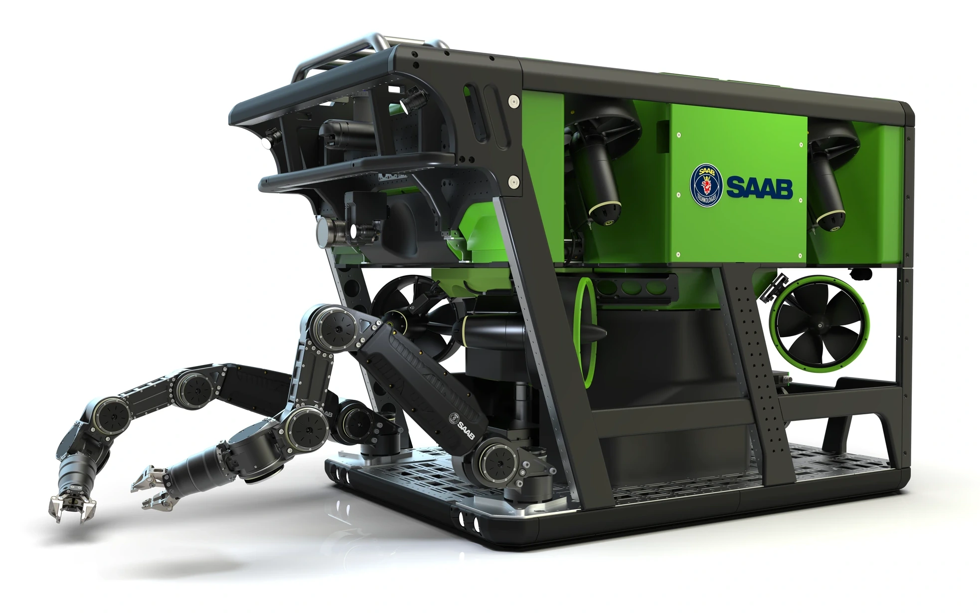 Render oficial del SR20 de Saab Seaeye equipado con manipuladores eléctricos.