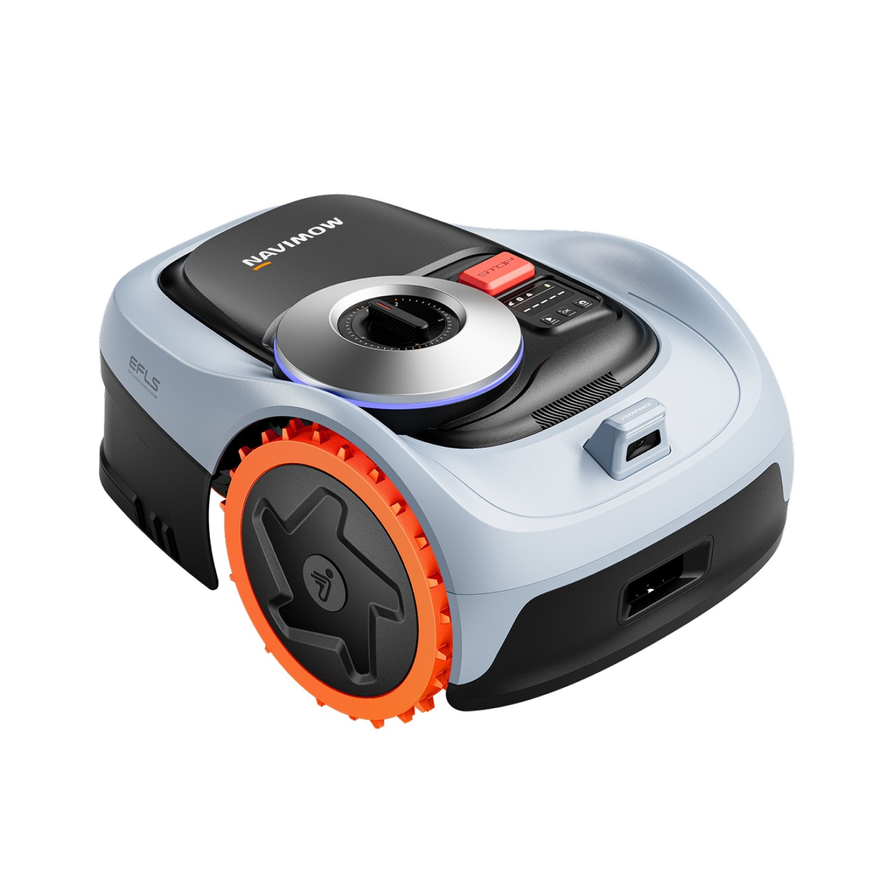 Render oficial de Navimow i2 AWD con carcasa gris y ruedas con detalles naranja.